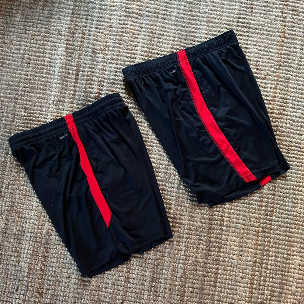 TekGear soccer black shorts with red leg strip, 2 pairs included